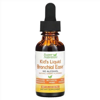 Super Nutrition, Kid's Liquid Bronchial Ease, без спирта, вишня, 30 мл (1 жидк. унция)