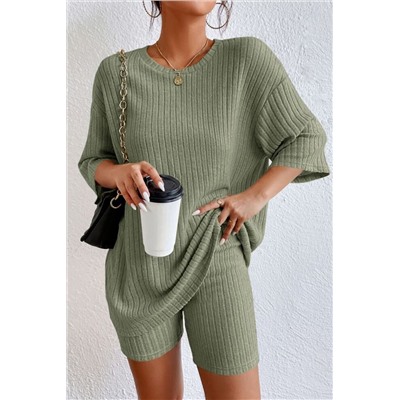 Green Plain Ribbed Loose Fit Two Piece Lounge Set
