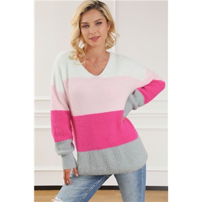 Striped Color Block Fuzzy V Neck Sweater