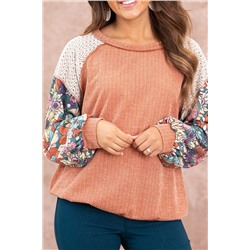 Grapefruit Orange Floral Patchwork Puff Sleeve Textured Blouse