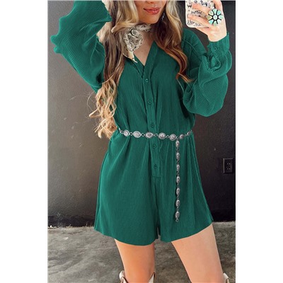 Sea Green Ribbed Long Sleeve Button Front Romper