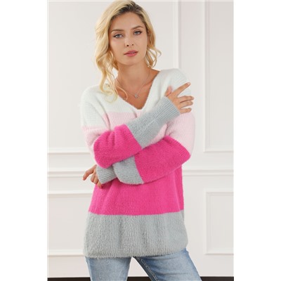 Striped Color Block Fuzzy V Neck Sweater