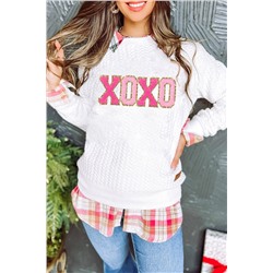 White XOXO Glitter Chenille Cable Knit Pullover Sweatshirt