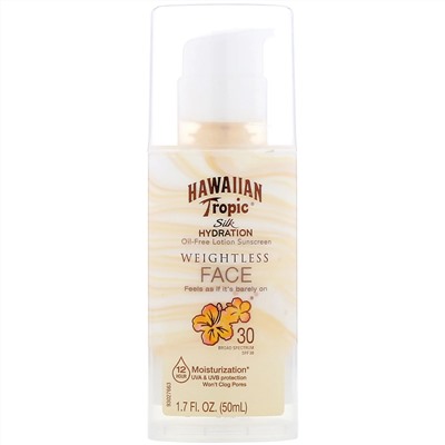 Hawaiian Tropic, Silk Hydration, Weightless Face, невесомый солнцезащитный лосьон для лица без масел, SPF 30, 50 мл