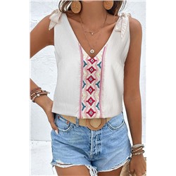 White Floral Embroidered Knot Straps Textured Tank Top