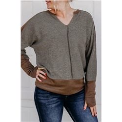 Brown Contrast Patchwork Thumbhole Sleeve Top