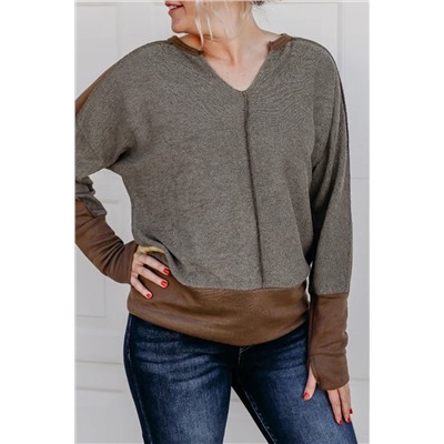 Brown Contrast Patchwork Thumbhole Sleeve Top