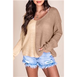 Khaki Long Sleeve V-Neck Colorblock Sweater