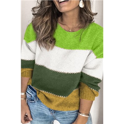 Green Plus Size Color Block Patchwork Sweater