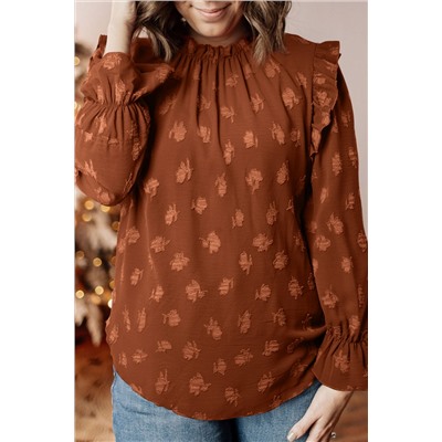 Chestnut Plus Size Textured Frill Trim Flounce Sleeve Blouse