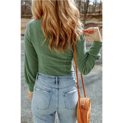 Green U Neck Textured Long Sleeve Top