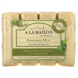 A La Maison de Provence, Мыло для рук и тела, с ароматом розмарина и мяты, 4 куска, 3.5 унций (100 г) каждый