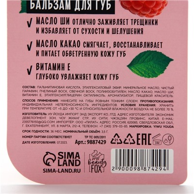 Бальзам для губ с маслом ши, какао и витамином Е, 3.5 г, аромат малины, BEAUTY FOOD