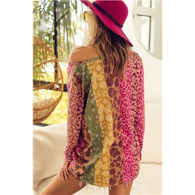 Multicolor Floral Leopard Mixed Print V Neck Long Sleeve Tee