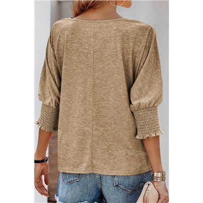 Khaki Smocked 3/4 Sleeve Casual Loose Top