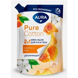 AURA Крем-Мыло 2в1 для рук и тела Хлопок и мёд Pure Cotton дой-пак 450 мл