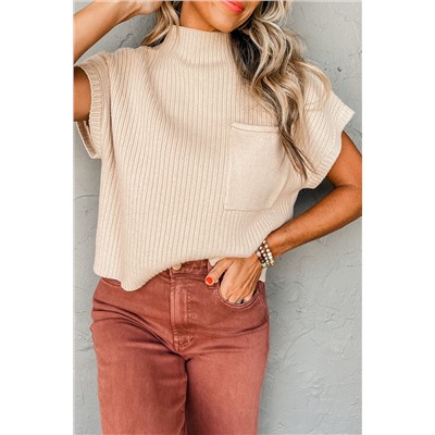 Oatmeal Patch Pocket Ribbed Knit Short Sleeve Sweater