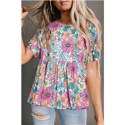 Multicolor Bohemian Flower Print Flowy Short Sleeve Top