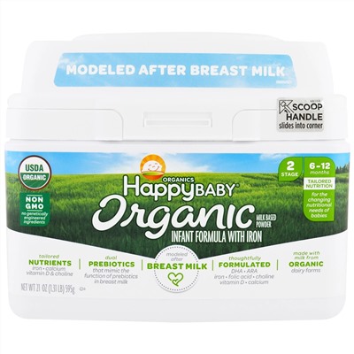 Happy Family Organics, Organics Happy Baby, детская смесь для младенцев с железом, этап 2, 6–12 месяцев, 595 г (21 унция)