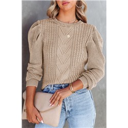 Apricot Cable Ribbed Knit Mix Pattern Puff Sleeve Sweater