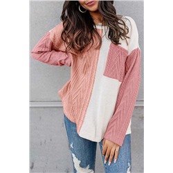 Peach Blossom Long Sleeve Colorblock Chest Pocket Textured Knit Top