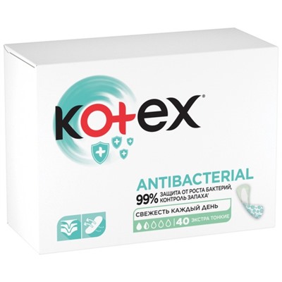 Ежедневные прокладки Kotex,антибактериал,экстра тонкие, 40 шт