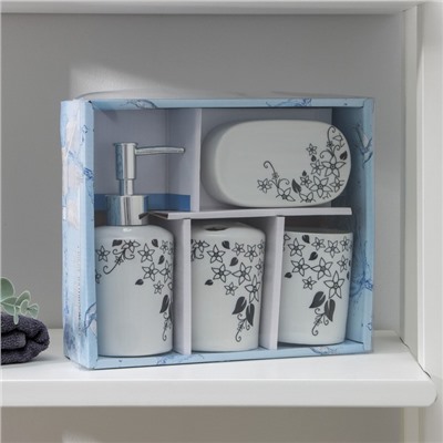 Набор для ванной, 4 предмета (мыльница, дозатор для мыла, 2 стакана), цвет белый