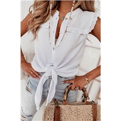 White Lace Trim Crinkle Knot Hem Sleeveless Shirt