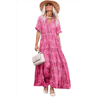 Розовое многоярусное платье-макси с V-образным вырезом и коротким рукавом