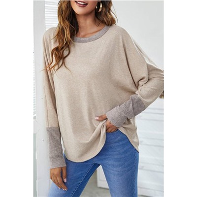 Khaki Contrast Cuffs Batwing Sleeve Loose Top