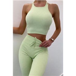 Light Green Solid Color Crop Tank Top and Drawstring Leggings Active Set