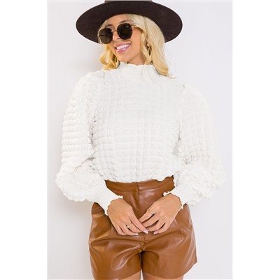 White Textured Smocked Mock Neck Puff Sleeve Top