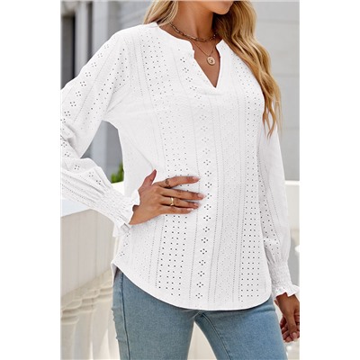 White Split Neck Textured Loose Blouse