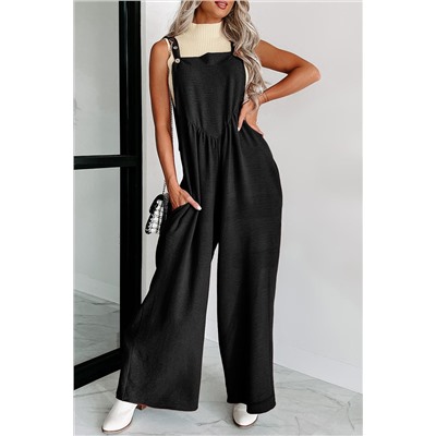 Black Textured Buttoned Straps Ruched Wide Leg Jumpsuit