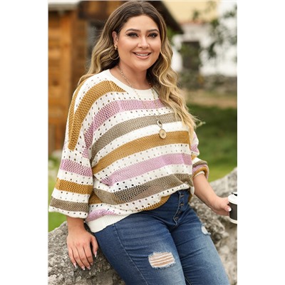 Multicolor Plus Size Striped Hollowed Knitted Loose Sweater