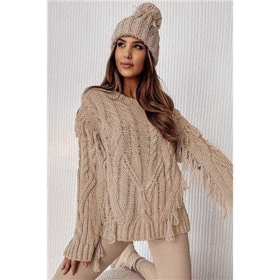 Parchment Tasseled Braided Knit Sweater