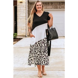 Black Leopard Color Block V Neck Plus Size Long Dress