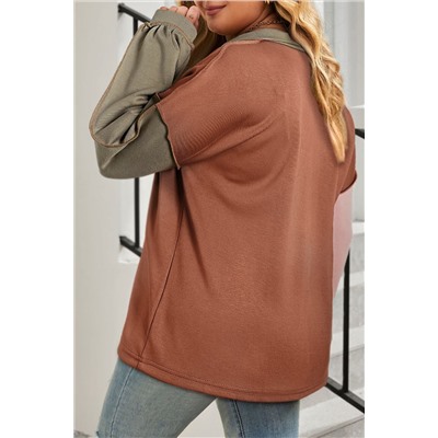 Gold Flame Plus Size Colorblock Exposed Seam Quarter Zip Sweatshirt