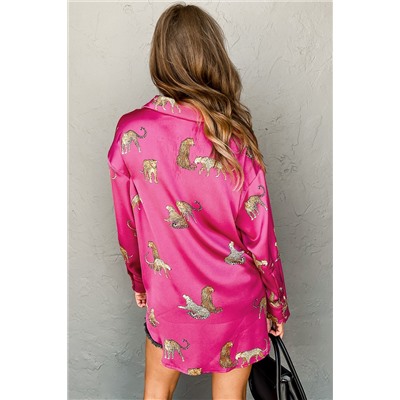 Rose Cheetah Animal Print Button Up Satin Shirt