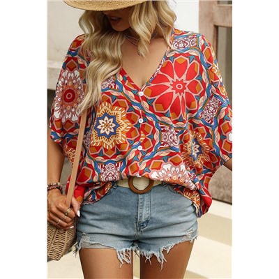 Red Floral Print Batwing Sleeve V Neck Blouse