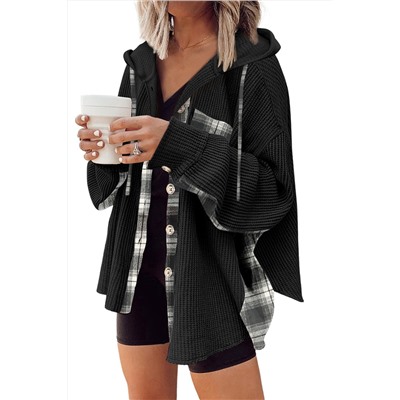 Black Waffle Knit Plaid Patchwork Drawstring Hooded Shacket