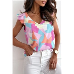 Розовая блуза с геометрическим принтом с V-образным вырезом и сборчатым рукавом
