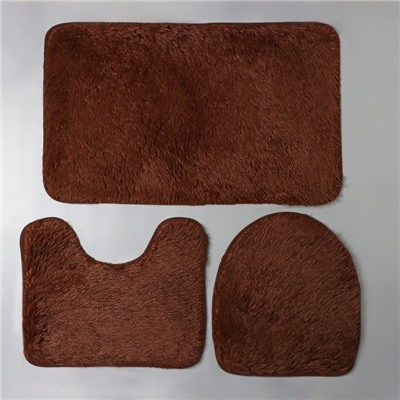 Набор ковриков для ванной и туалета Доляна «Пушистик», 3 шт, 45×40, 40×50, 50×80 см, цвет коричневый