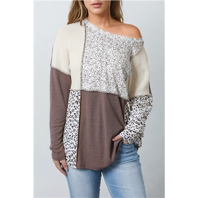 Leopard Colorblock Textured Knit Patchwork Top