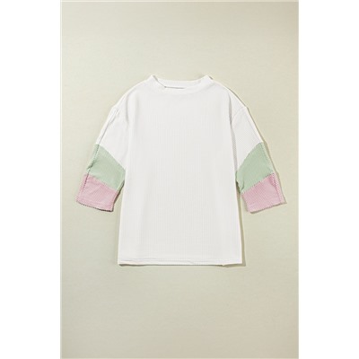 White Color Block Ribbed Knit Quarter Sleeve Top