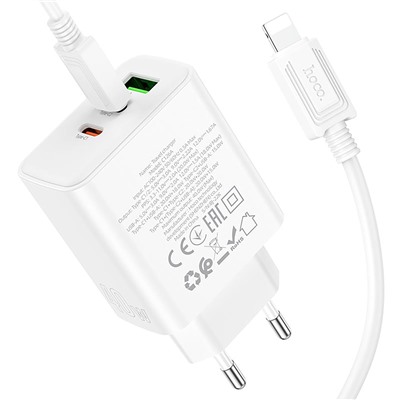 Адаптер Сетевой с кабелем Hoco C126A PD 2Type-C/USB 40W (Type-C/Lightning) (white)