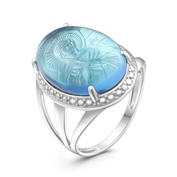 Кольцо из серебра с плавленым синим кварцем родированное - Семистрельная Божья Матерь