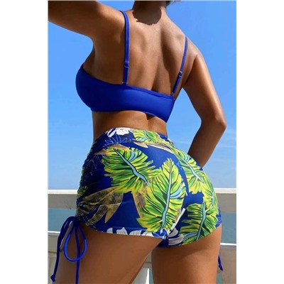 Bluing Tropical Print Drawstring High Waisted Bikini Swimsuit