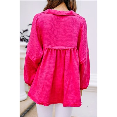 Rose Crinkle Collared V-Neck Bubble Sleeve Flowy Blouse