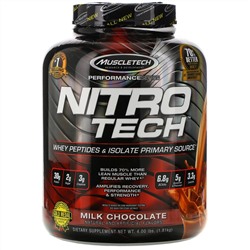 Muscletech, NitroTech, основной источник пептидов и изолятов сывороточного белка, молочный шоколад, 1,81 кг (4,00 фунта)